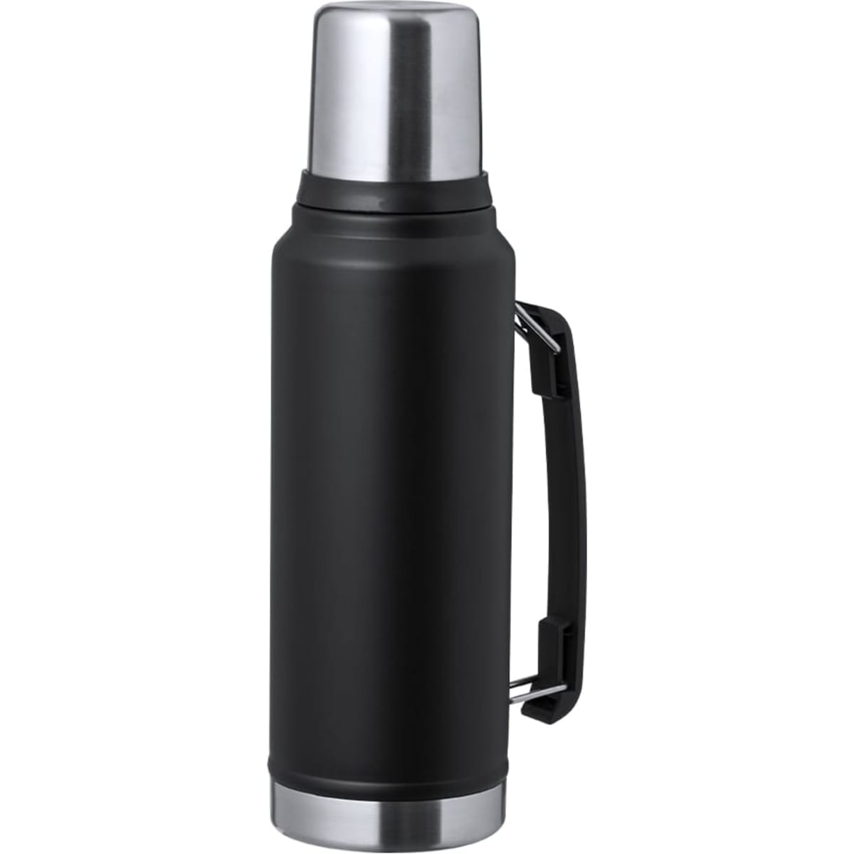 A drink bottle featuring a sleek black exterior and a stainless steel top, complete with a handle and branding.