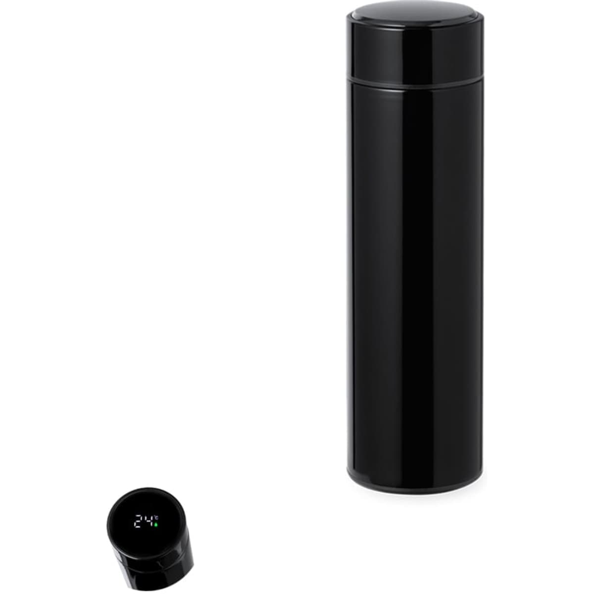 A drink bottle vacuum flask in sleek black with a digital temperature display on the cap and a minimalist design.