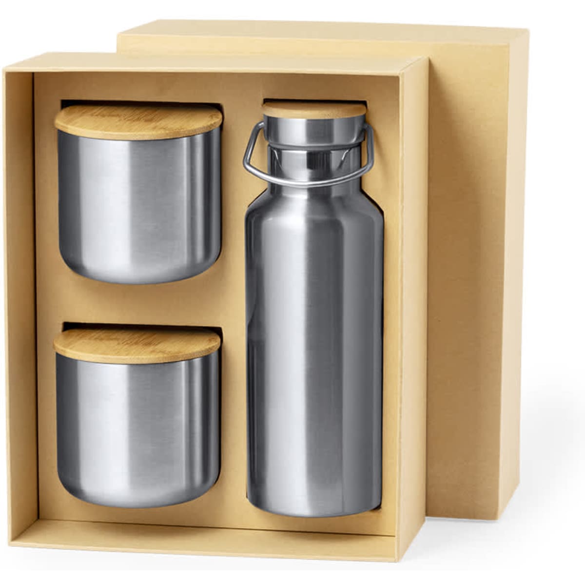 A drink bottle and two stainless steel containers with bamboo lids presented in a brown gift box.