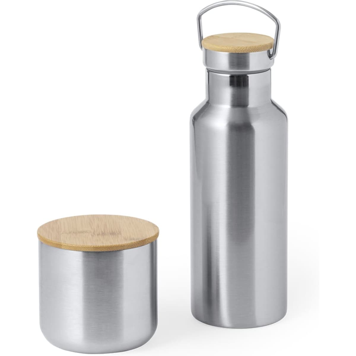 A drink bottle and a cylindrical container, both in stainless steel with a bamboo lid. The bottle features a handle.