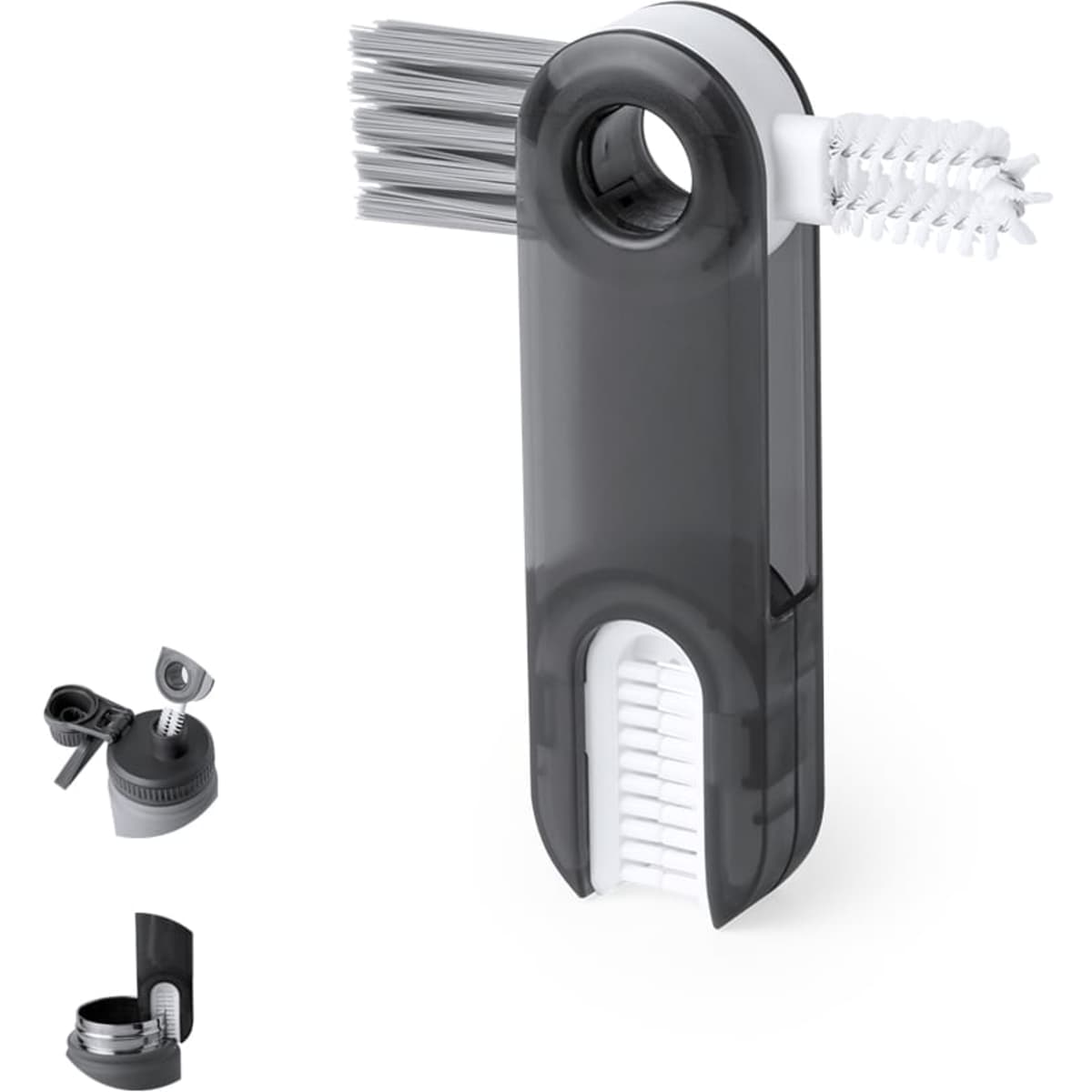 A versatile cleaning tool with multiple brushes, featuring a sleek grey casing and a detachable cap for storage.