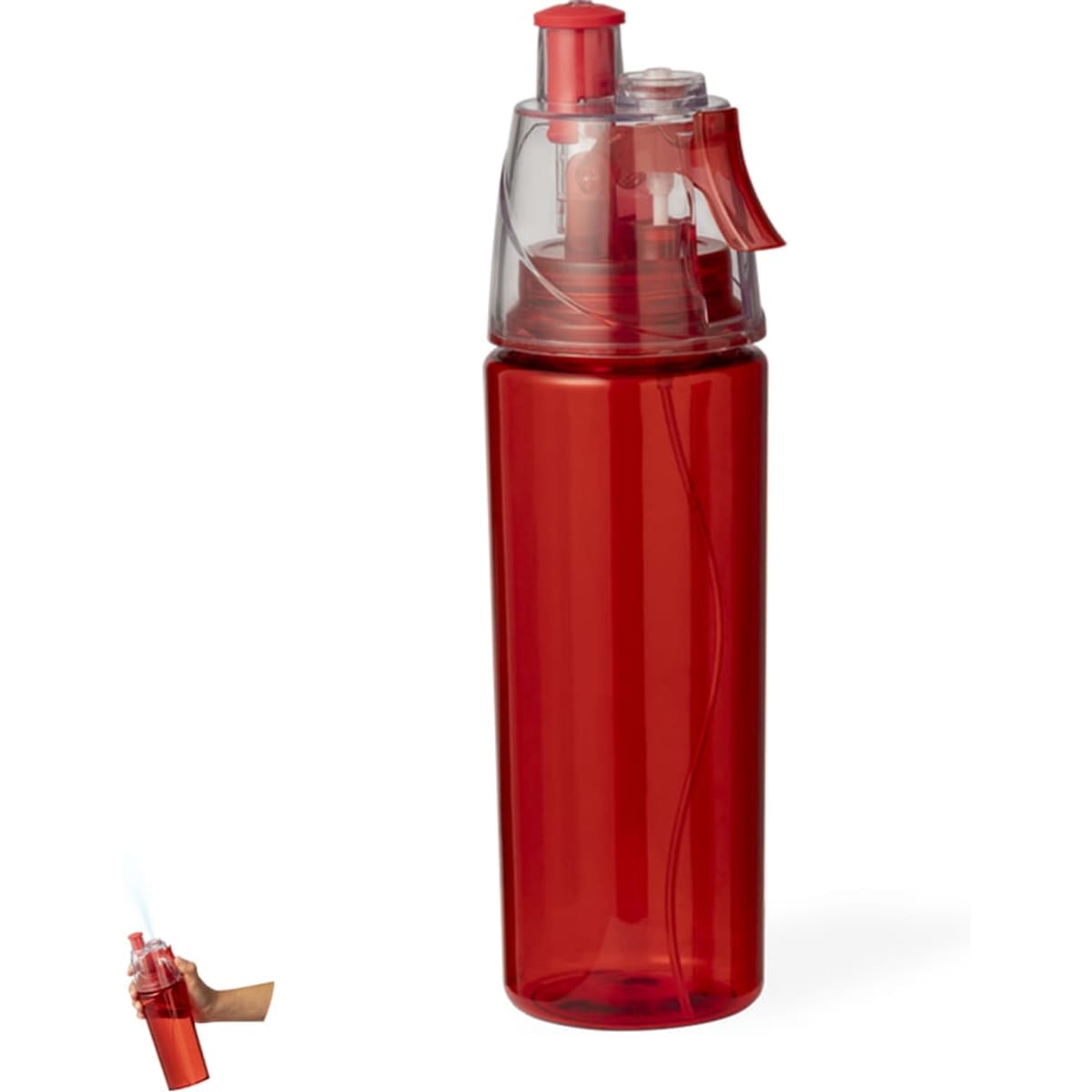 A drink bottle in vibrant red with a clear, twist-off lid and a spray nozzle. It features a logo on its surface.