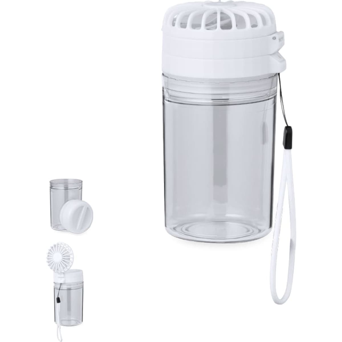 A drink bottle in clear plastic with a white lid and a detachable fan, featuring a wrist strap for easy carrying.