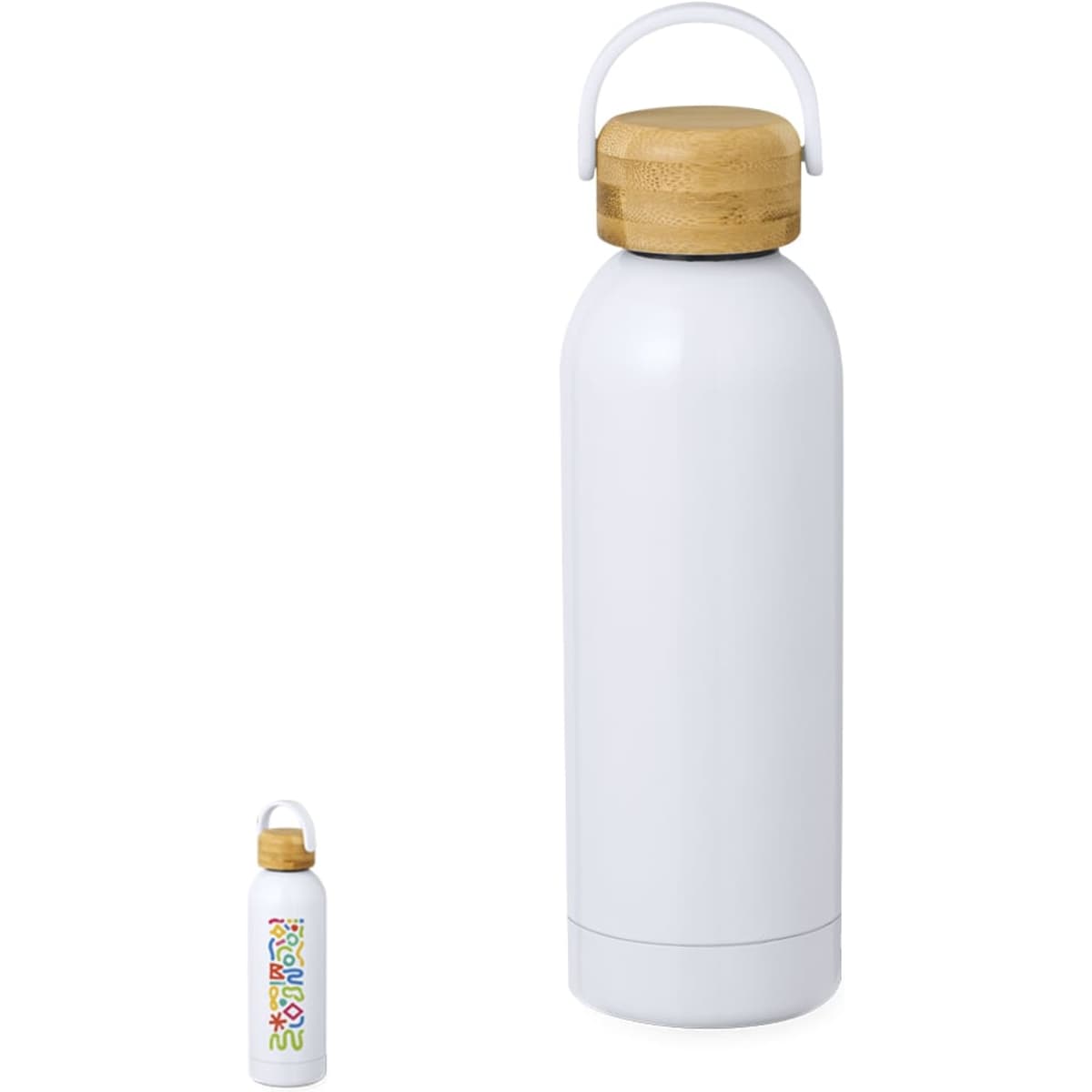 A white insulated drink bottle with a bamboo lid and a small drink bottle beside it. Features a logo on the smaller bottle.