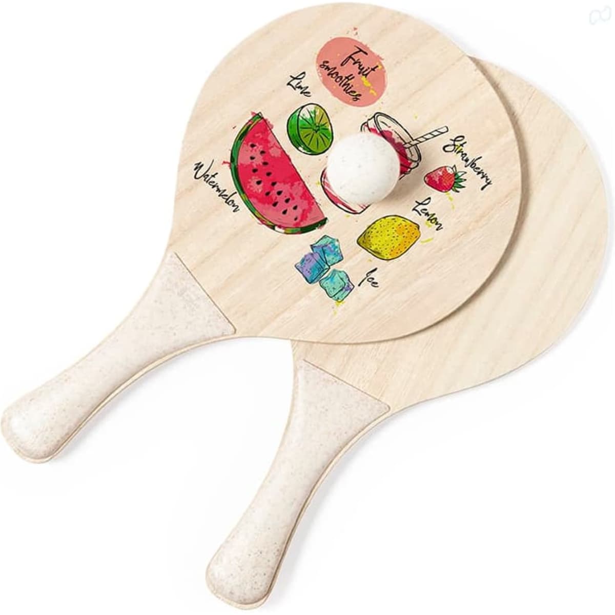 Two wooden beach rackets featuring colourful fruit graphics and a white ball between them. Each racket has a handle.