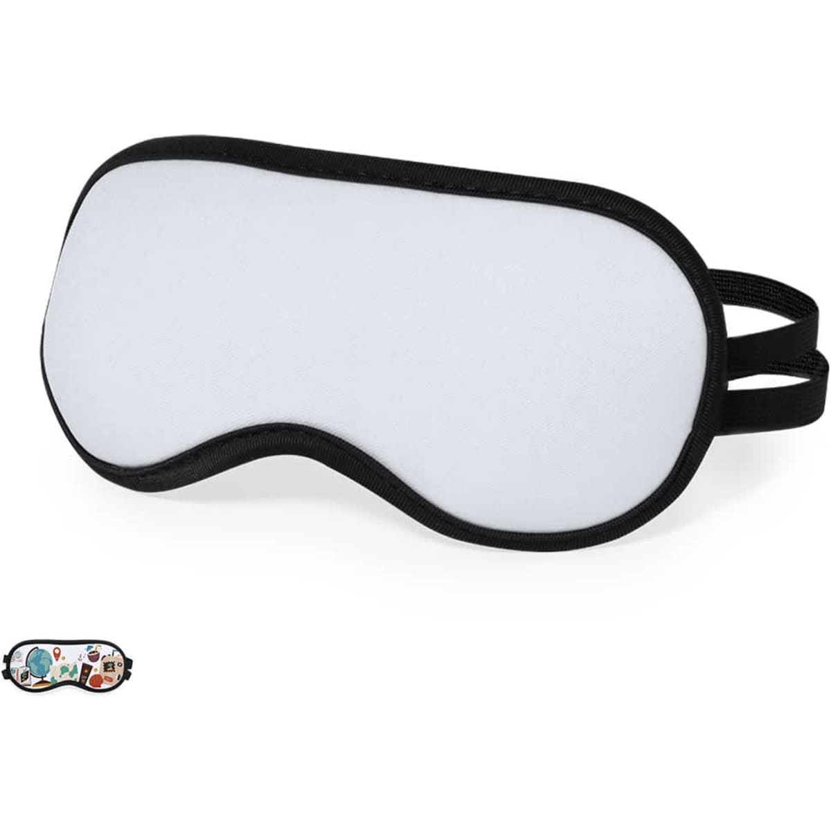 A sleep mask in white with a black trim and adjustable straps. It features a logo on the side.