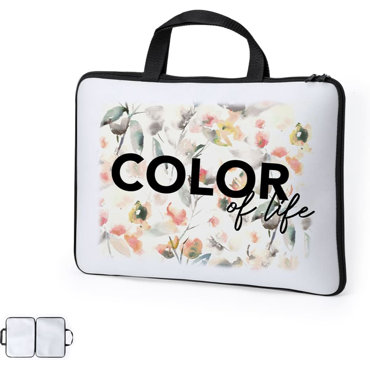 A laptop bag featuring a floral design with a white background and black text. It has a sturdy handle for carrying.