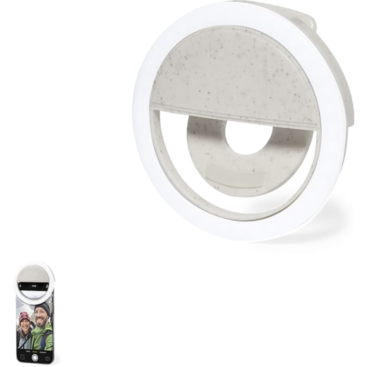 A circular phone ring light in white and grey, with a selfie photo taken using the light displayed beside it.