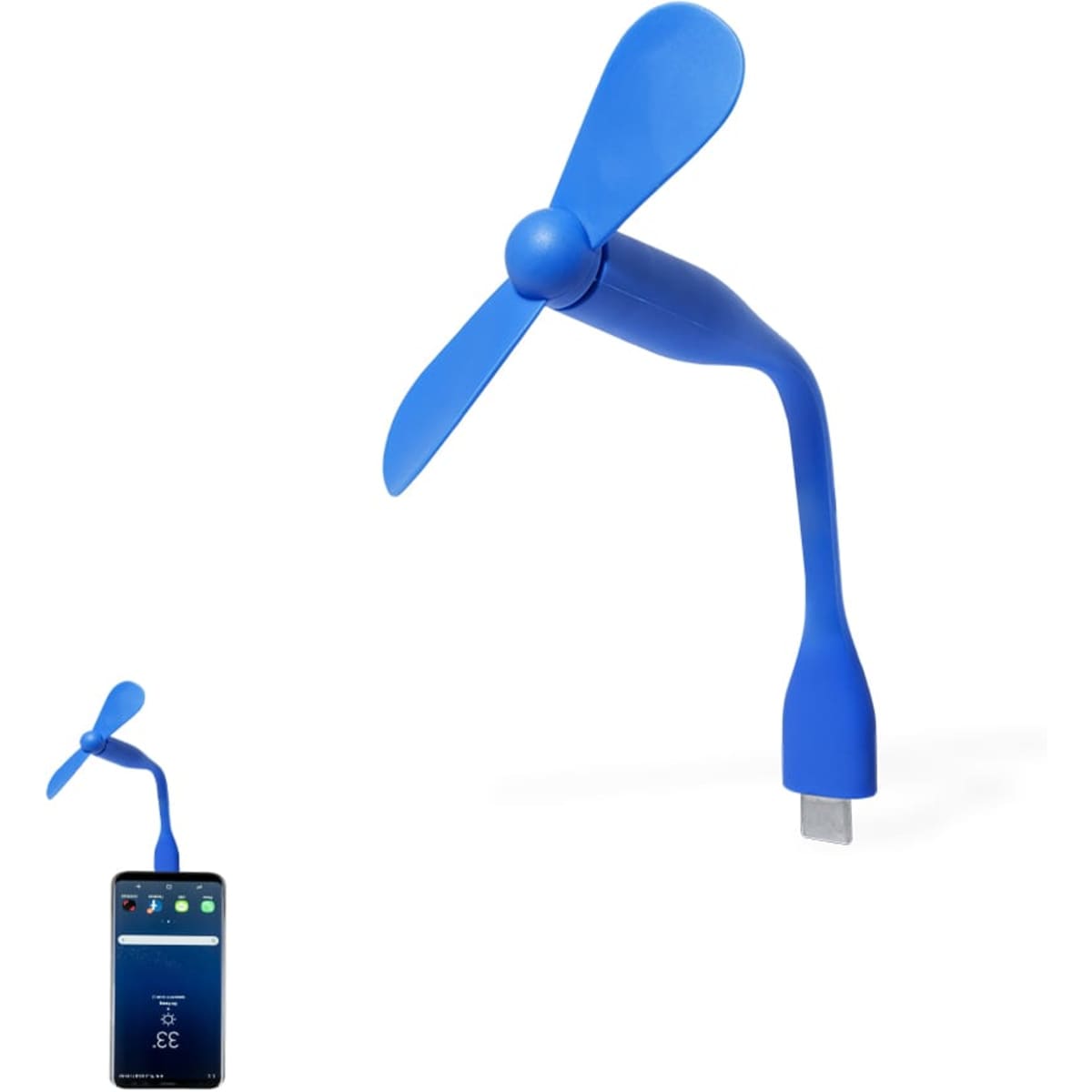 A blue flexible fan with two blades, connected to a smartphone via a USB.