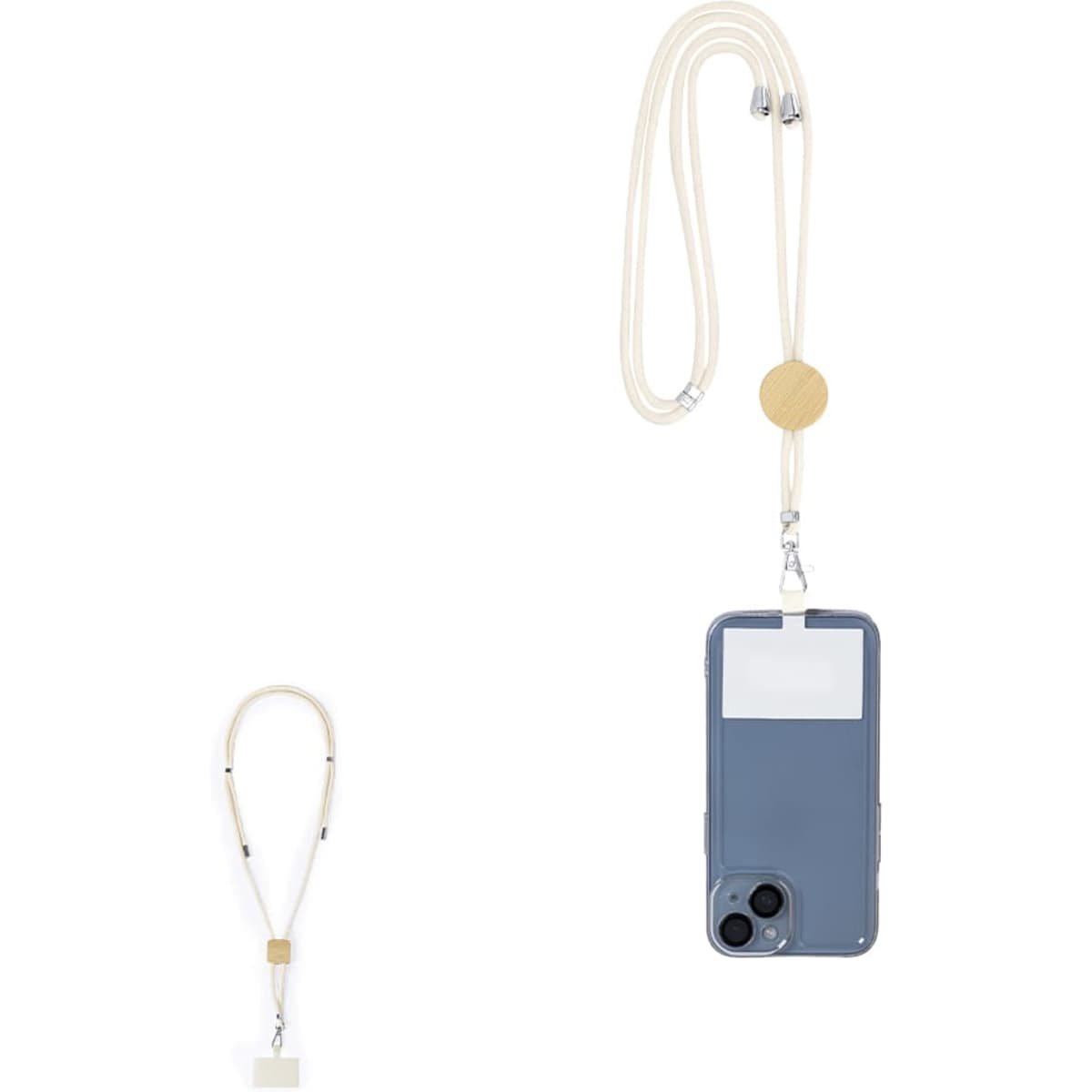 A lanyard featuring a beige cord with a round attachment, holding a blue phone case and a clear cardholder.