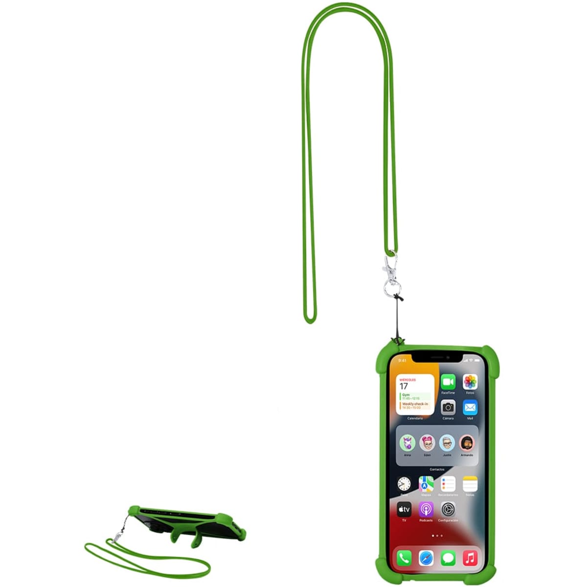 A green lanyard attached to a phone case, designed to hold a smartphone securely.