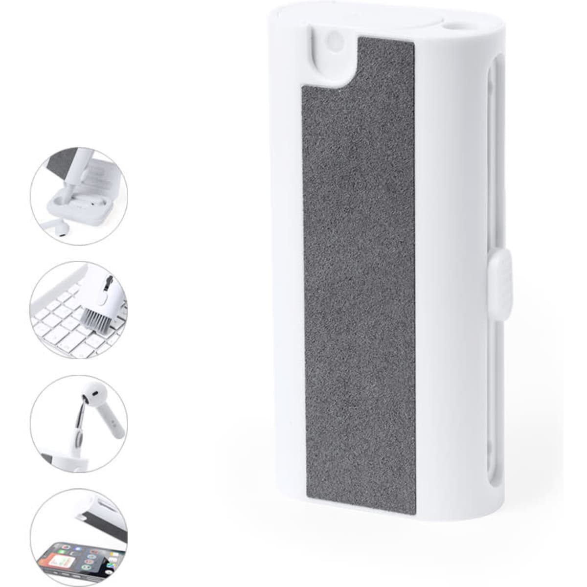 A white cleaning cloth holder with a grey strip, featuring a logo. Suitable for phone and technology cleaning products.