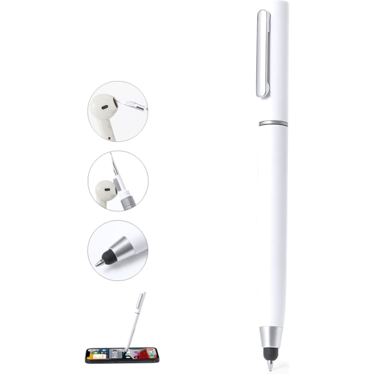 A white pen with a silver clip and stylus tip, featuring a logo on its body.
