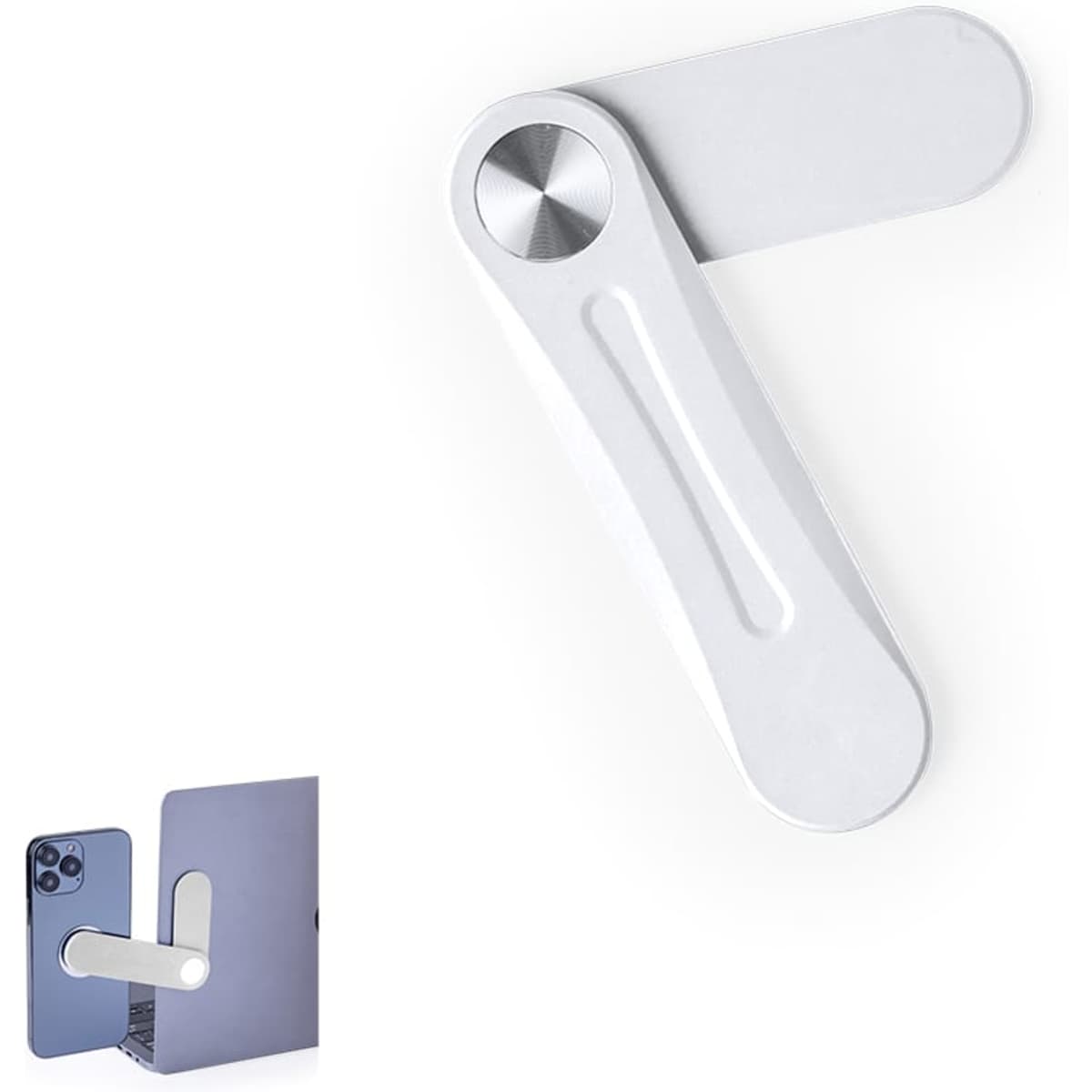 A silver car phone holder with a pivoting design, featuring a logo. It is compatible with various phone sizes.