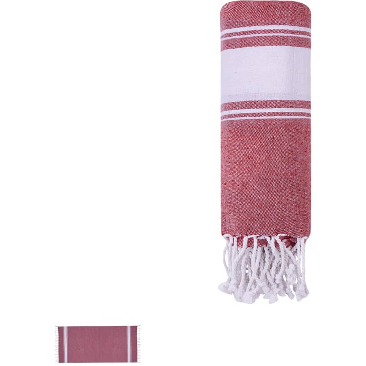 A red and white striped towel with fringed edges, featuring a logo. Suitable for leisure and outdoor activities.