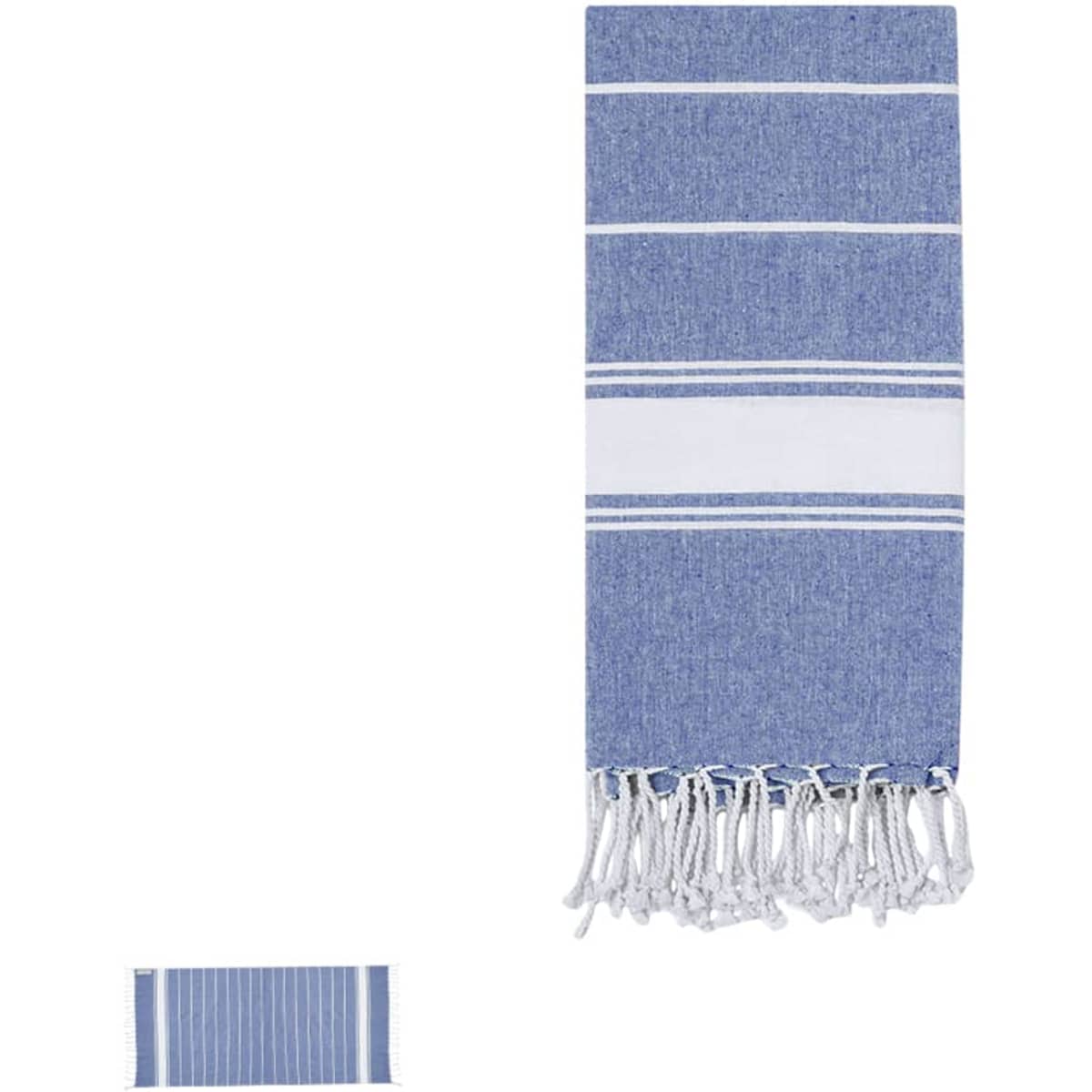A blue and white striped hand towel with fringed edges, featuring a logo.