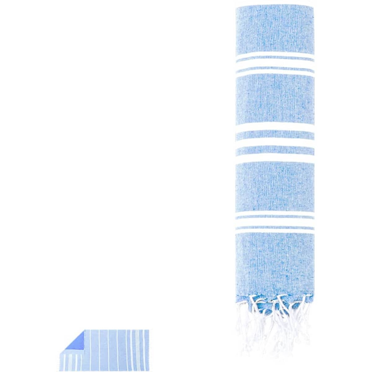 A light blue bath towel with white stripes and fringed edges, featuring a logo.