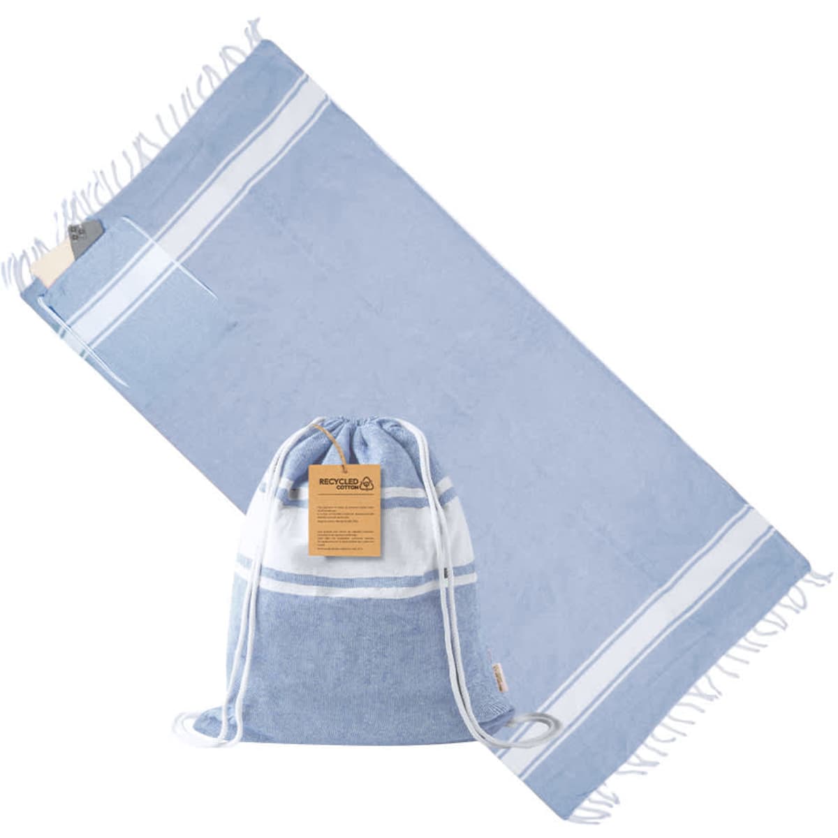A blue drawstring bag with a matching blue towel, featuring a simple striped design. The bag has a logo.