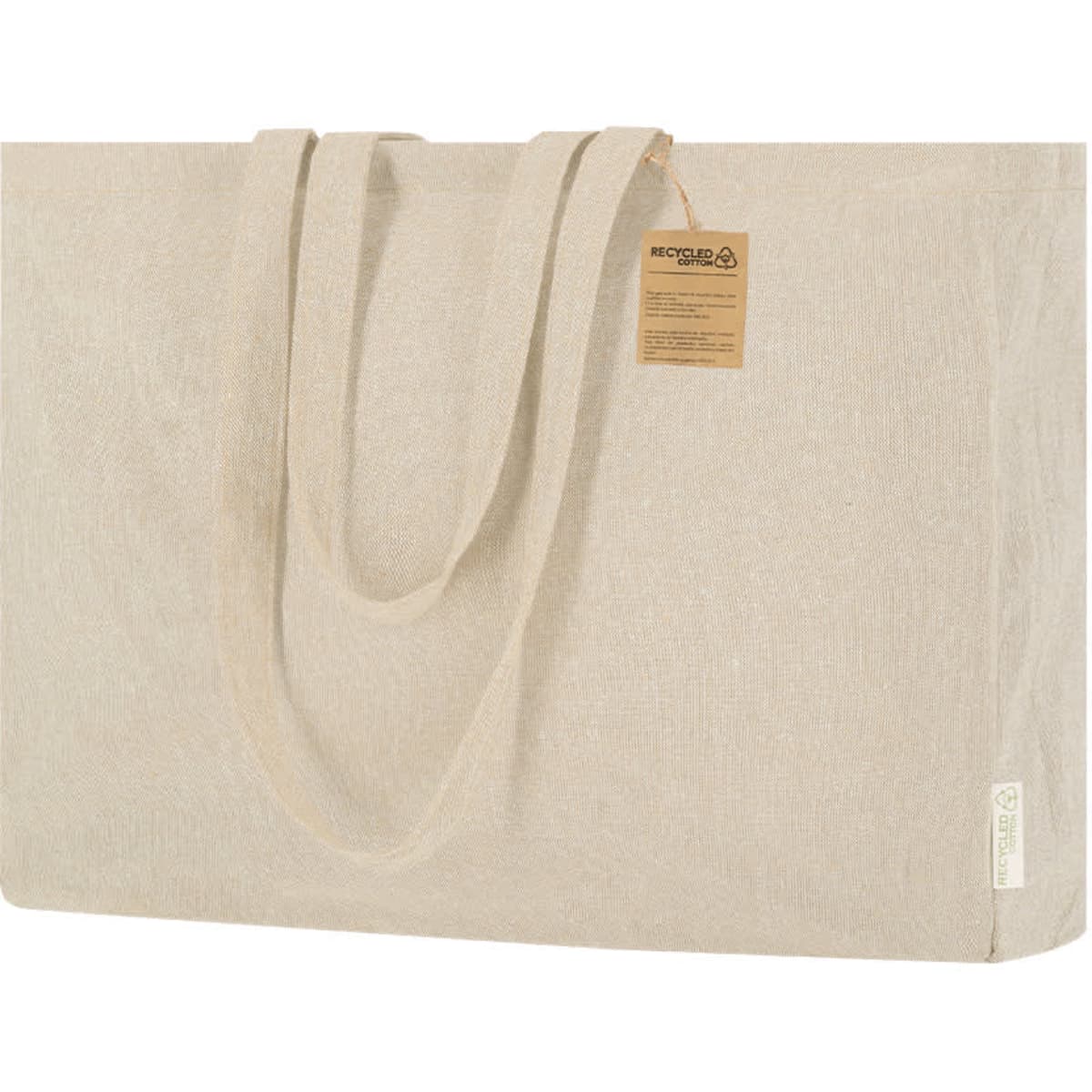 A tote bag in a light beige colour with long handles and a small tag. The bag features a simple, minimalist design.