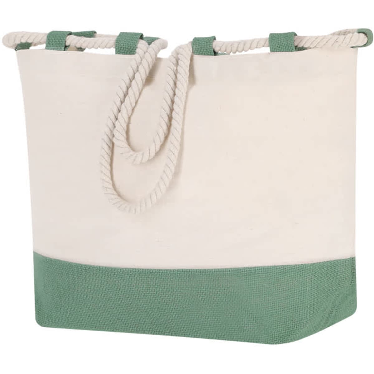 A tote bag featuring a cream upper section with a green bottom and rope handles. It has a simple logo on the side.