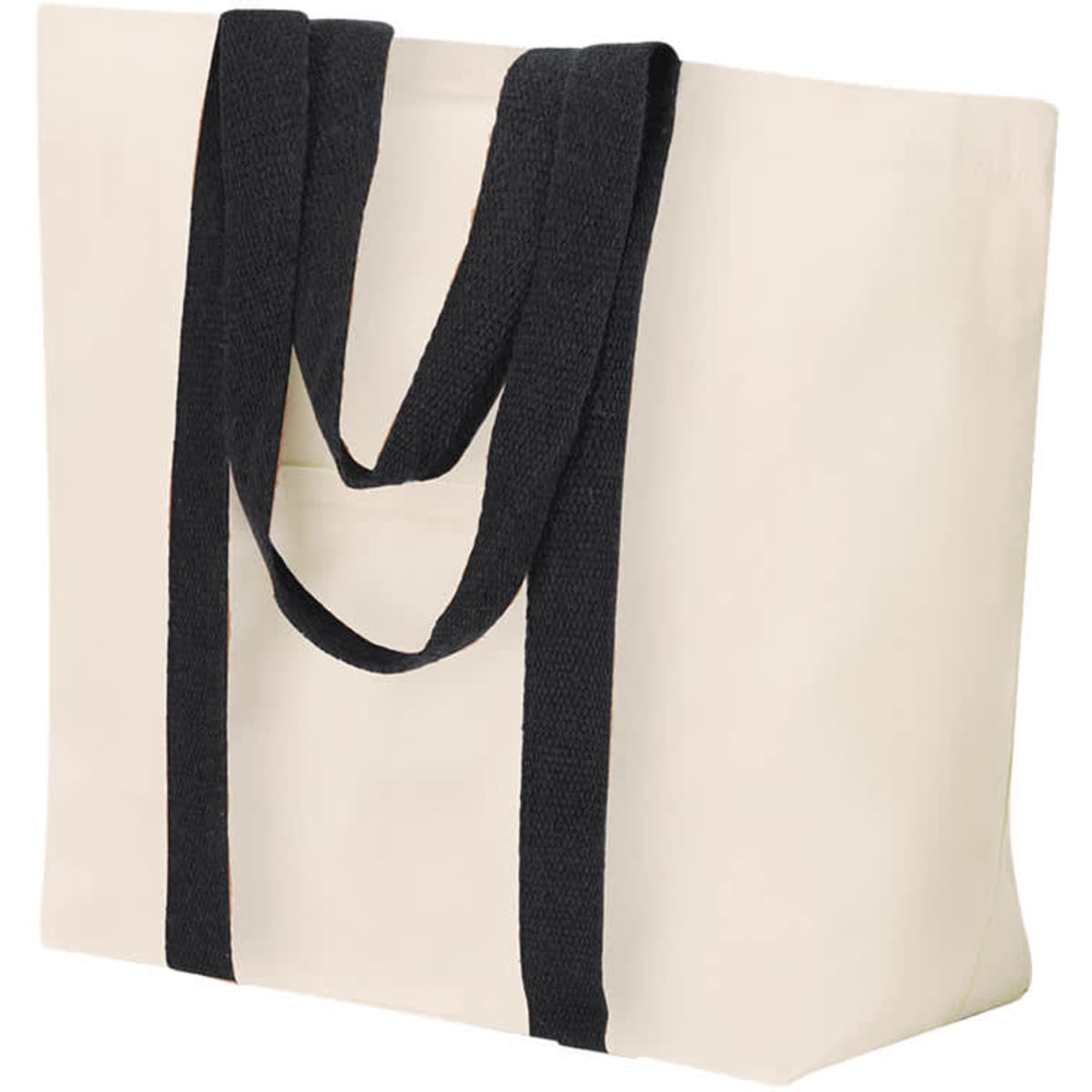 A cream tote bag with black straps, featuring a simple design and sturdy construction. It has a logo on one side.