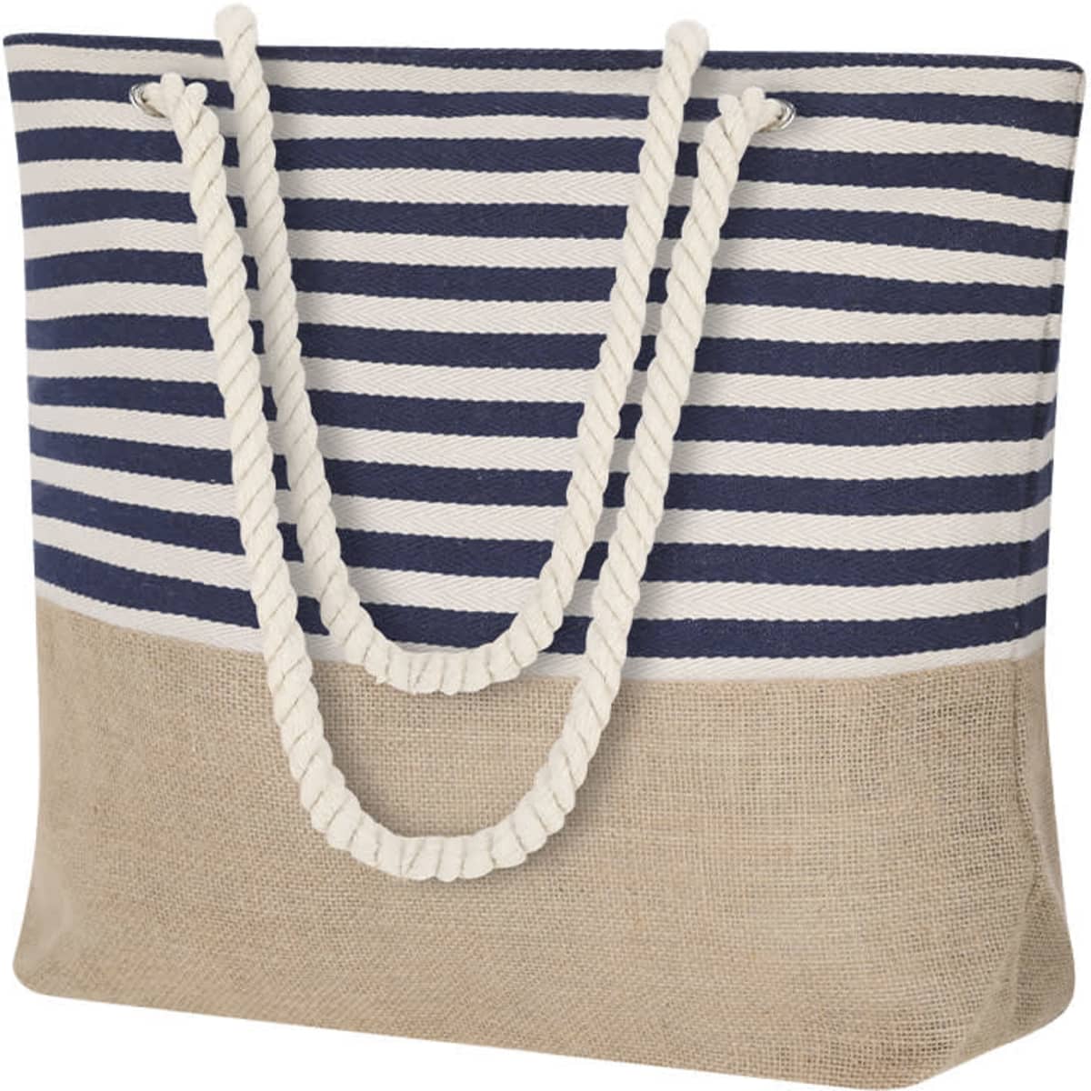 A striped tote bag featuring navy blue and cream stripes with a natural hessian bottom and rope handles.