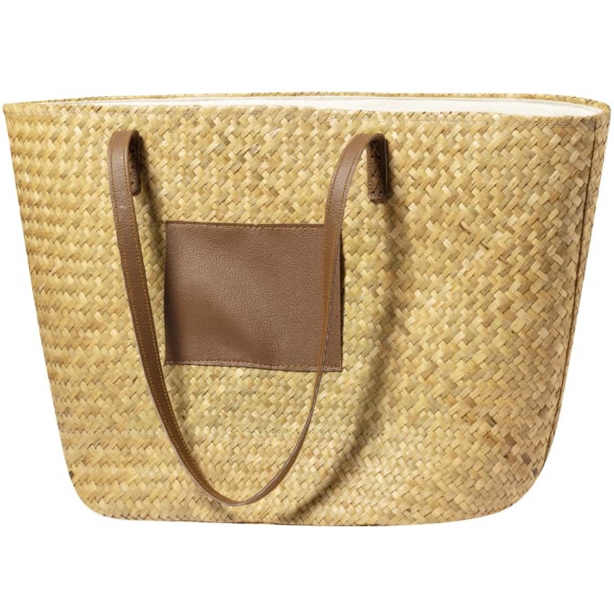 A straw tote bag with brown leather handles and a small leather pocket. The bag features a natural woven texture.