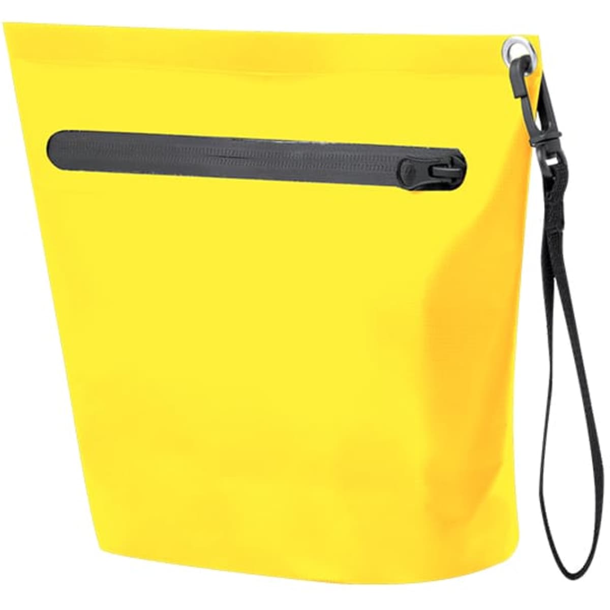 A bright yellow bag with a black zipper and a strap, featuring a logo on the side.