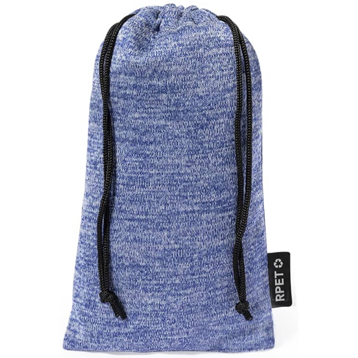 A blue drawstring pouch with a textured finish and black cords, featuring a small logo on the side.