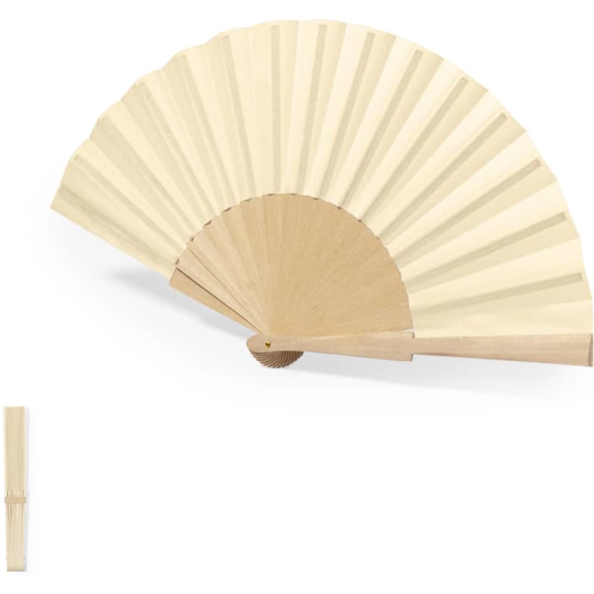 A beige handheld fan with a wooden frame, featuring a pleated design. Includes a matching wooden holder.