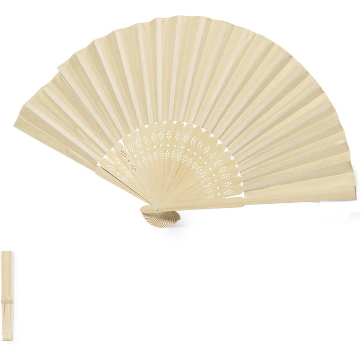 A cream handheld fan with a decorative design, opened to reveal its pleated structure. It includes a matching casing.