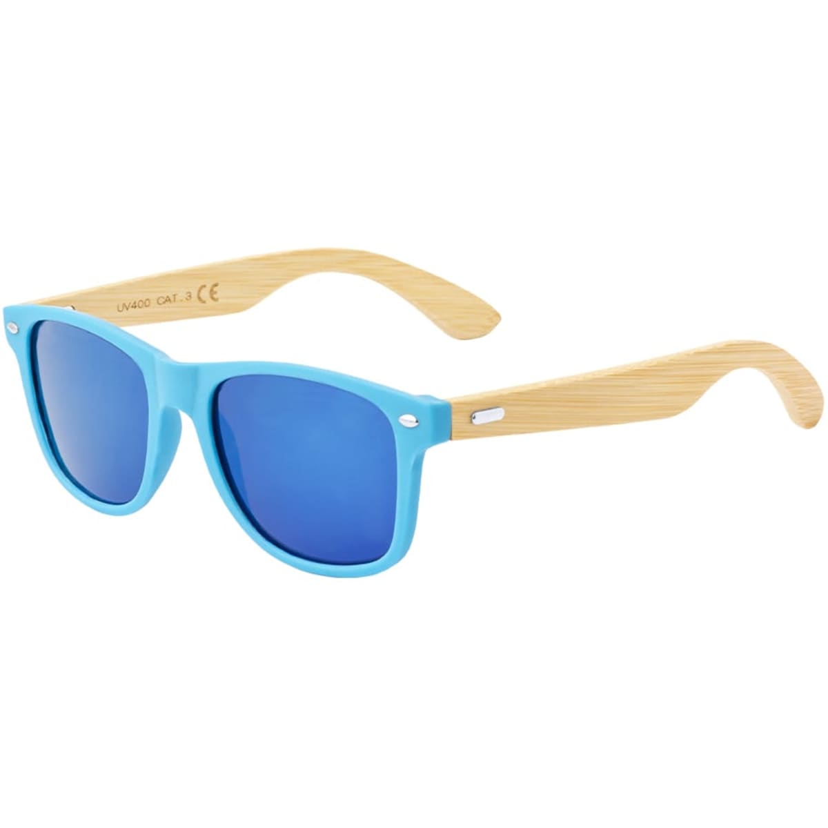 Sunglasses with a light blue frame and bamboo arms, featuring reflective blue lenses and a logo.
