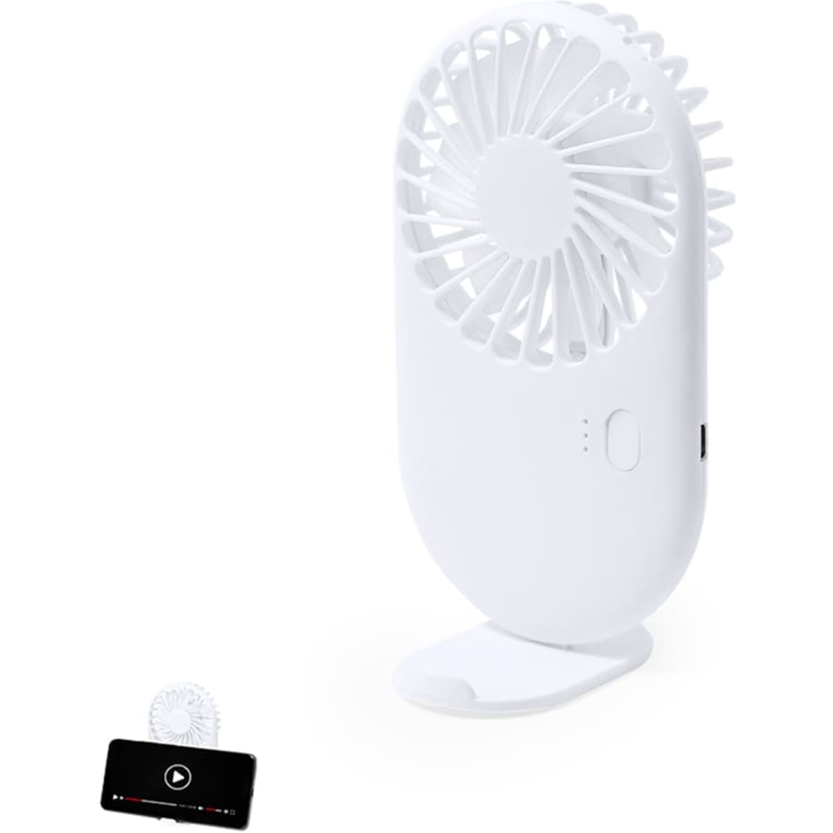 A white portable fan with a base stand, designed for easy use, featuring a logo.