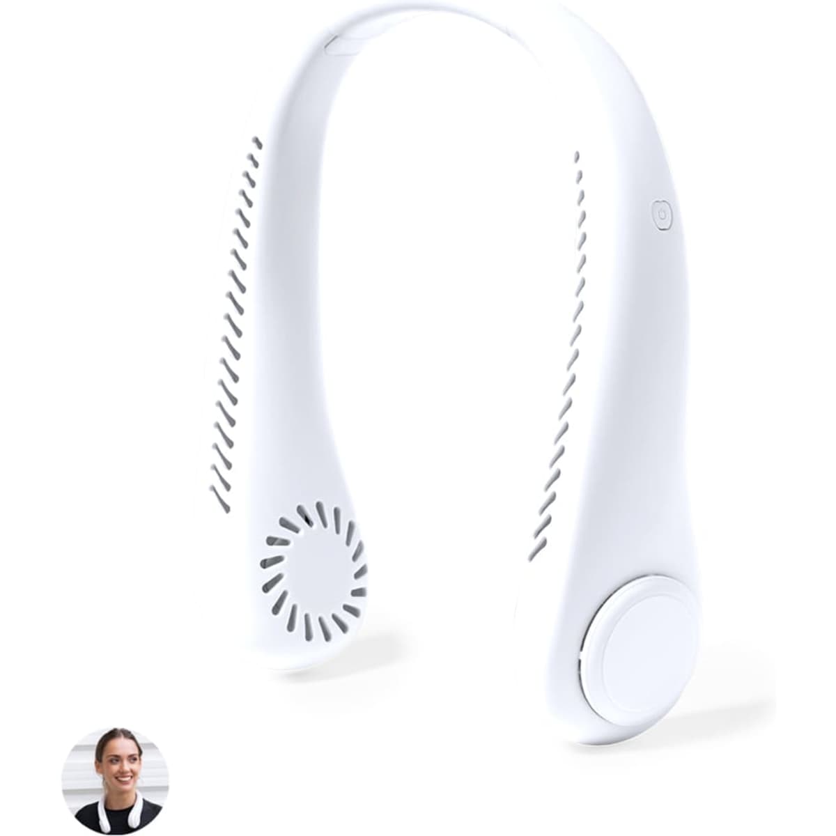 A white wearable fan designed to rest around the neck, featuring ventilation slots and a control button.