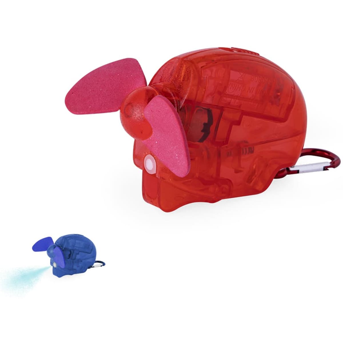 A red fan shaped like a pig with pink propellers, accompanied by a small blue version, both featuring a carabiner.