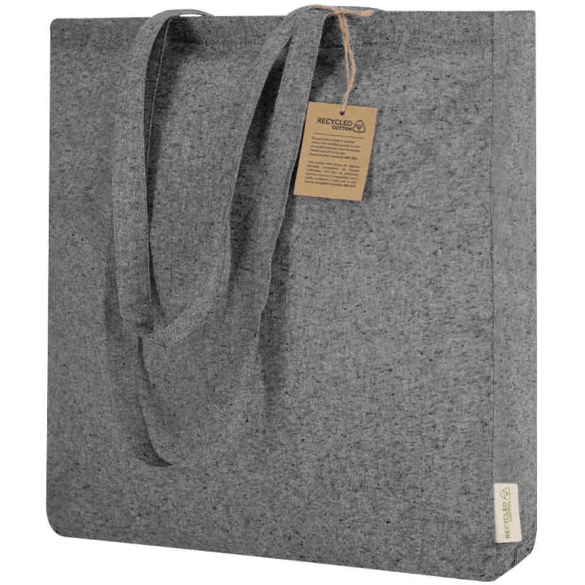 A grey tote bag with long handles and a tag, featuring a textured fabric design.