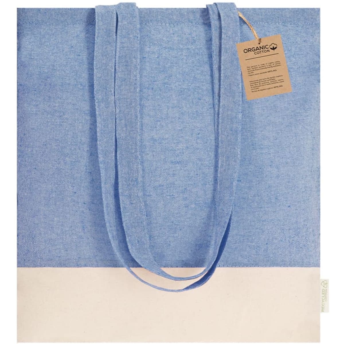 A blue and white tote bag made from organic materials, featuring sturdy handles and a tag with branding.