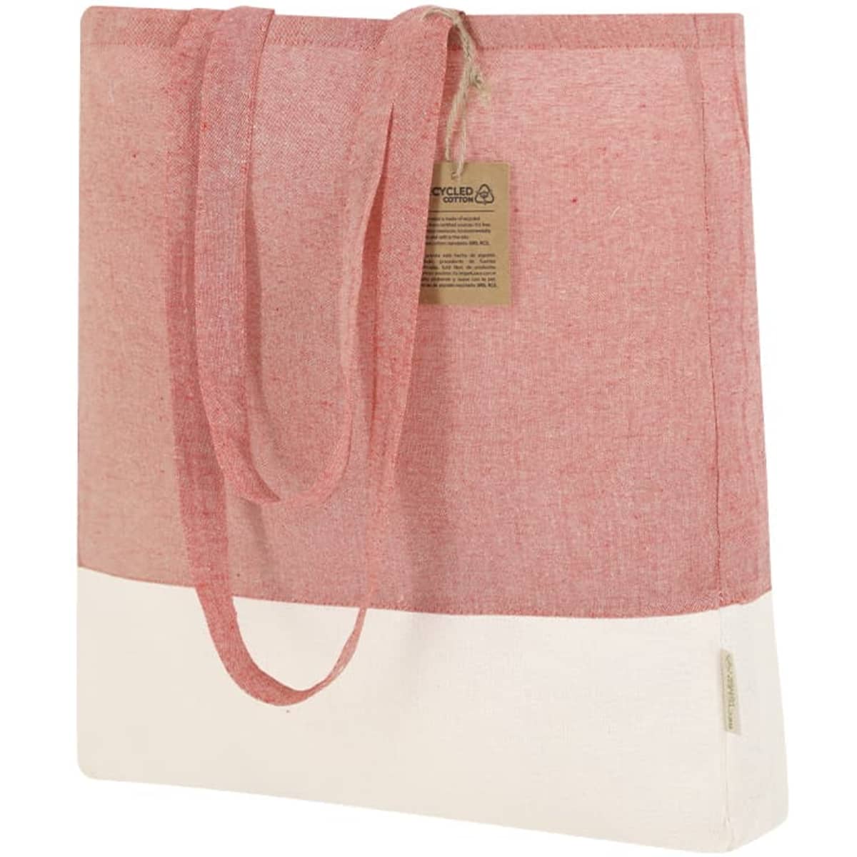 A pink and white tote bag with long handles and a logo, featuring a textured fabric design.