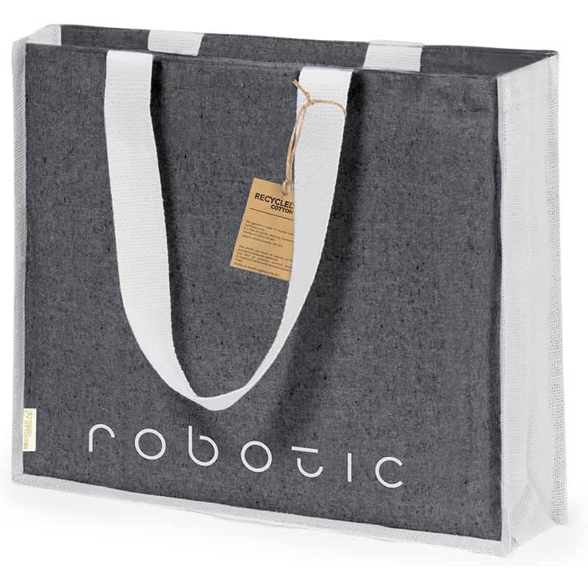 A grey tote bag with white straps, featuring a logo and a tag, made from recycled materials.