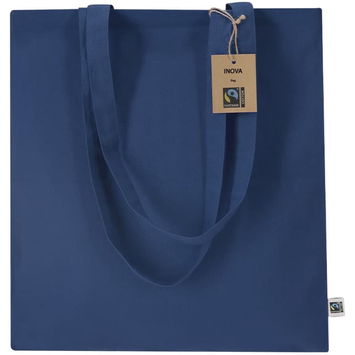 A blue tote bag featuring two long handles and a tag with a logo. It is made from Fairtrade materials.