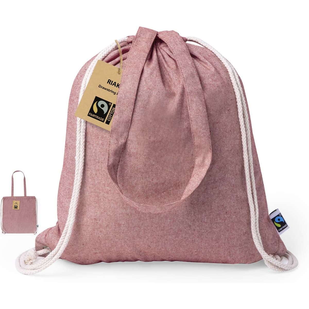 A pink Fairtrade drawstring bag with white cords and a logo tag attached.