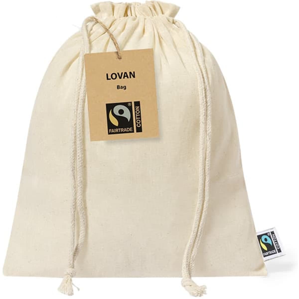 A cream drawstring bag made of cotton, featuring a tag and a logo. It has a simple and eco-friendly design.