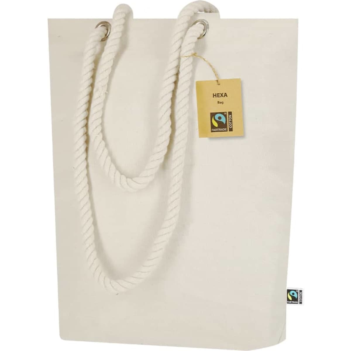 A cream tote bag with rope handles, featuring a small tag and a logo on the side.