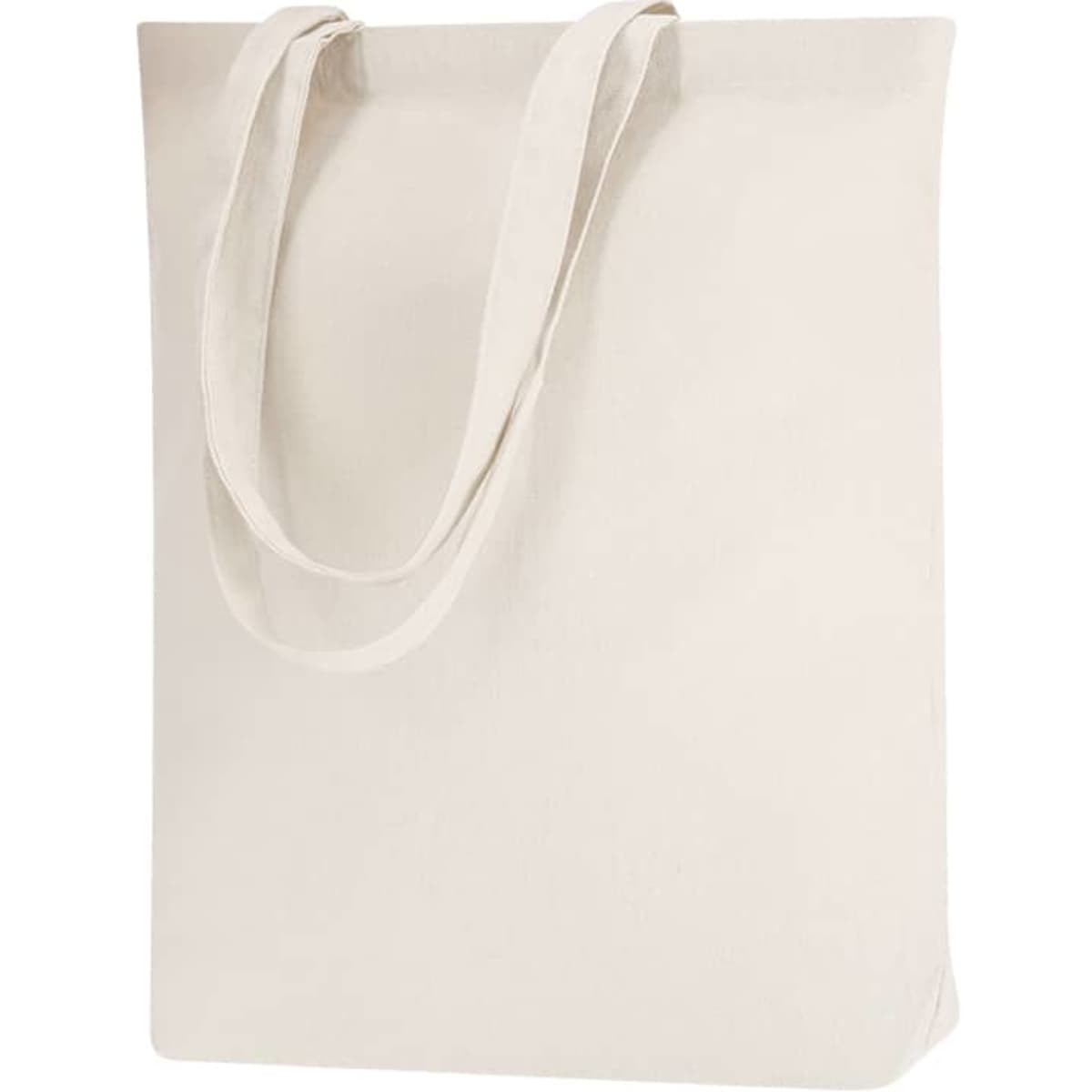 A cream tote bag with two long handles. The bag has a simple design and features a logo.