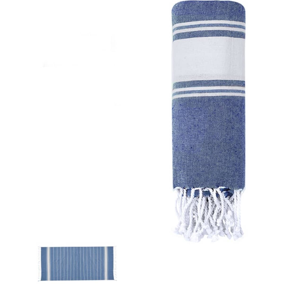 A rolled-up blue towel featuring white stripes and fringed ends, with a logo visible on it.