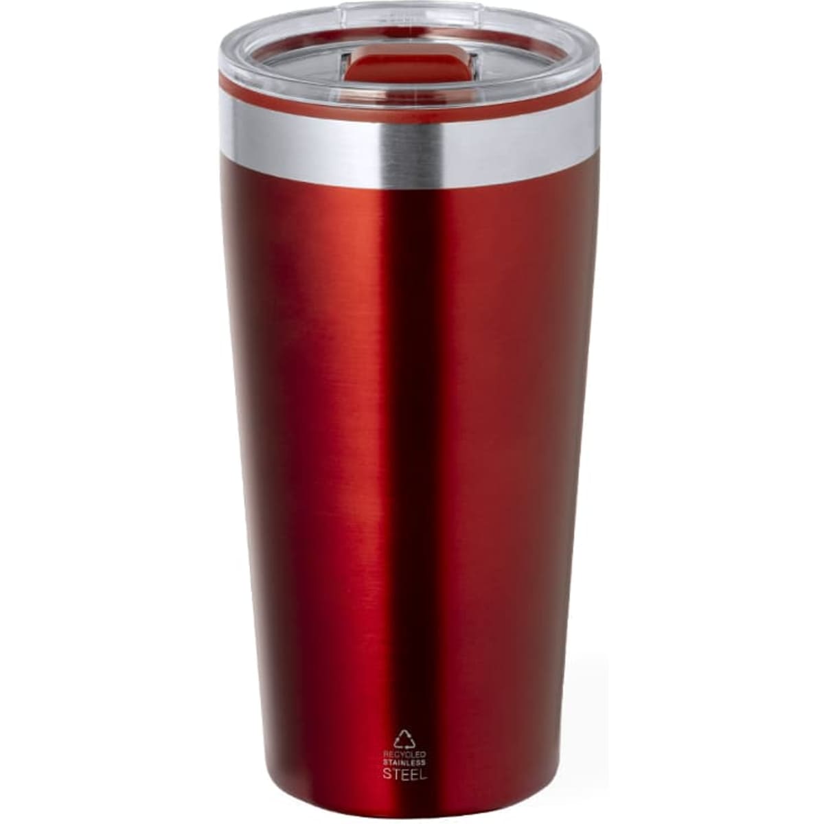 A red insulated travel mug with a clear lid and a stainless steel band. It features a logo on the side.