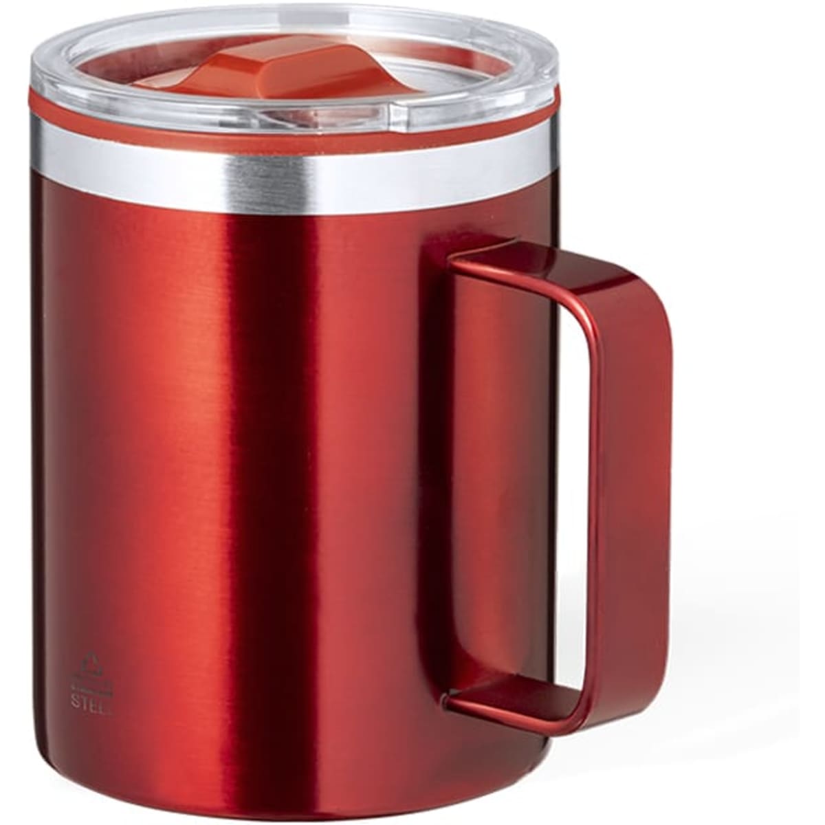 A drink bottle featuring a red insulated mug with a silver band and a transparent lid. It has a handle for easy gripping.