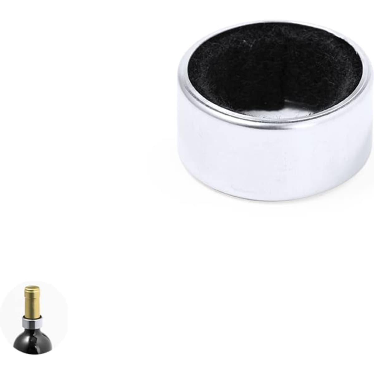 A chrome drink bottle holder with a black inner lining, featuring a small attachment at the bottom.