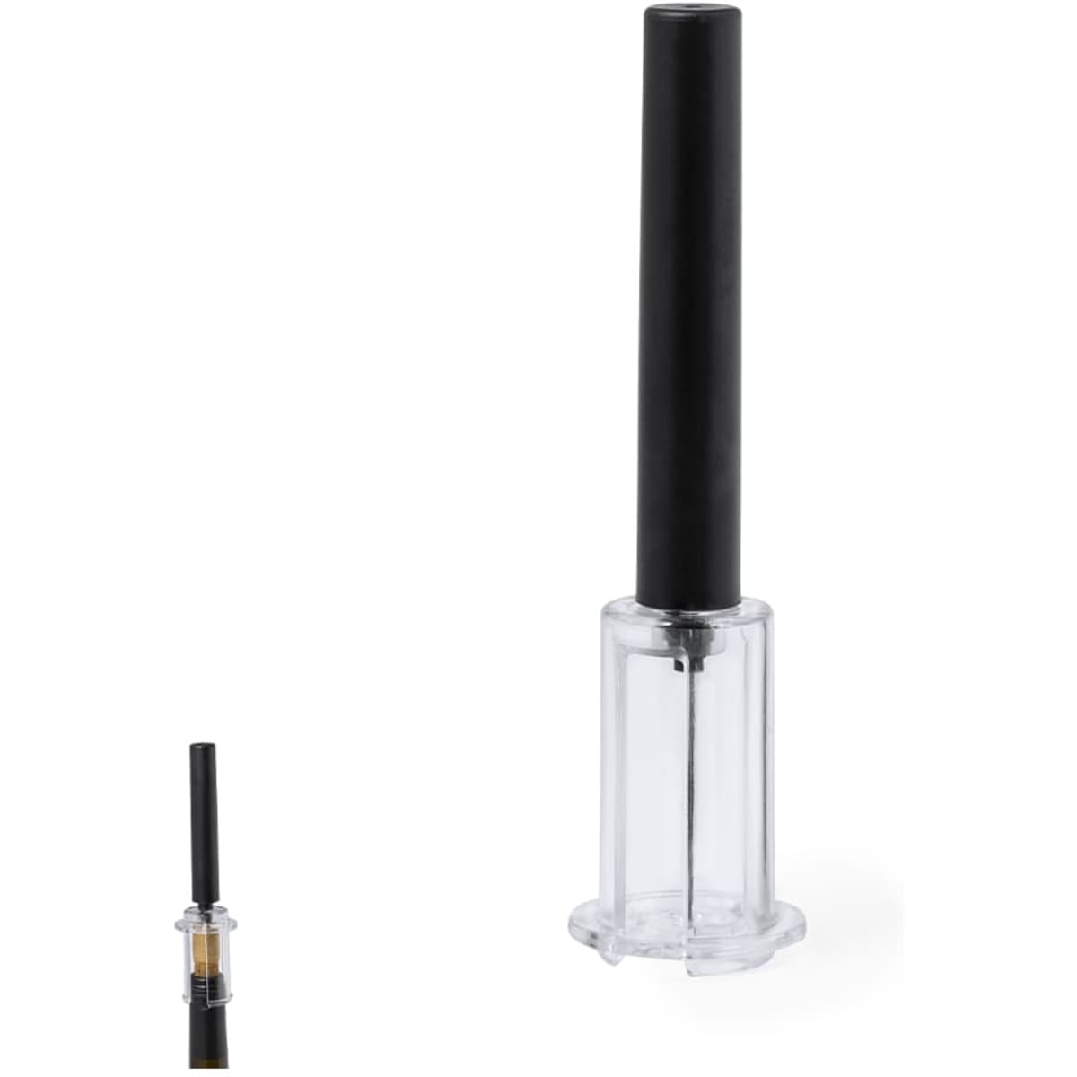 A transparent bottle with a black lid and nozzle, featuring a clear body and a visible inner mechanism.