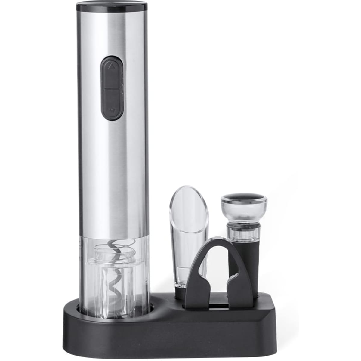A silver wine opener set displayed on a black stand, including a corkscrew, pourer, and wine collar.